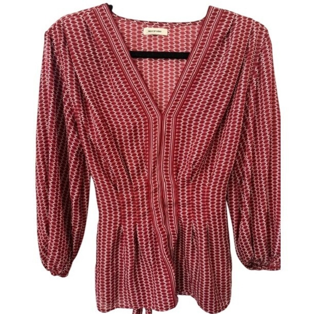 Max Studio Women Red Geometric Print V-Neck Blouse Smocked Tie Back Long Sleeve